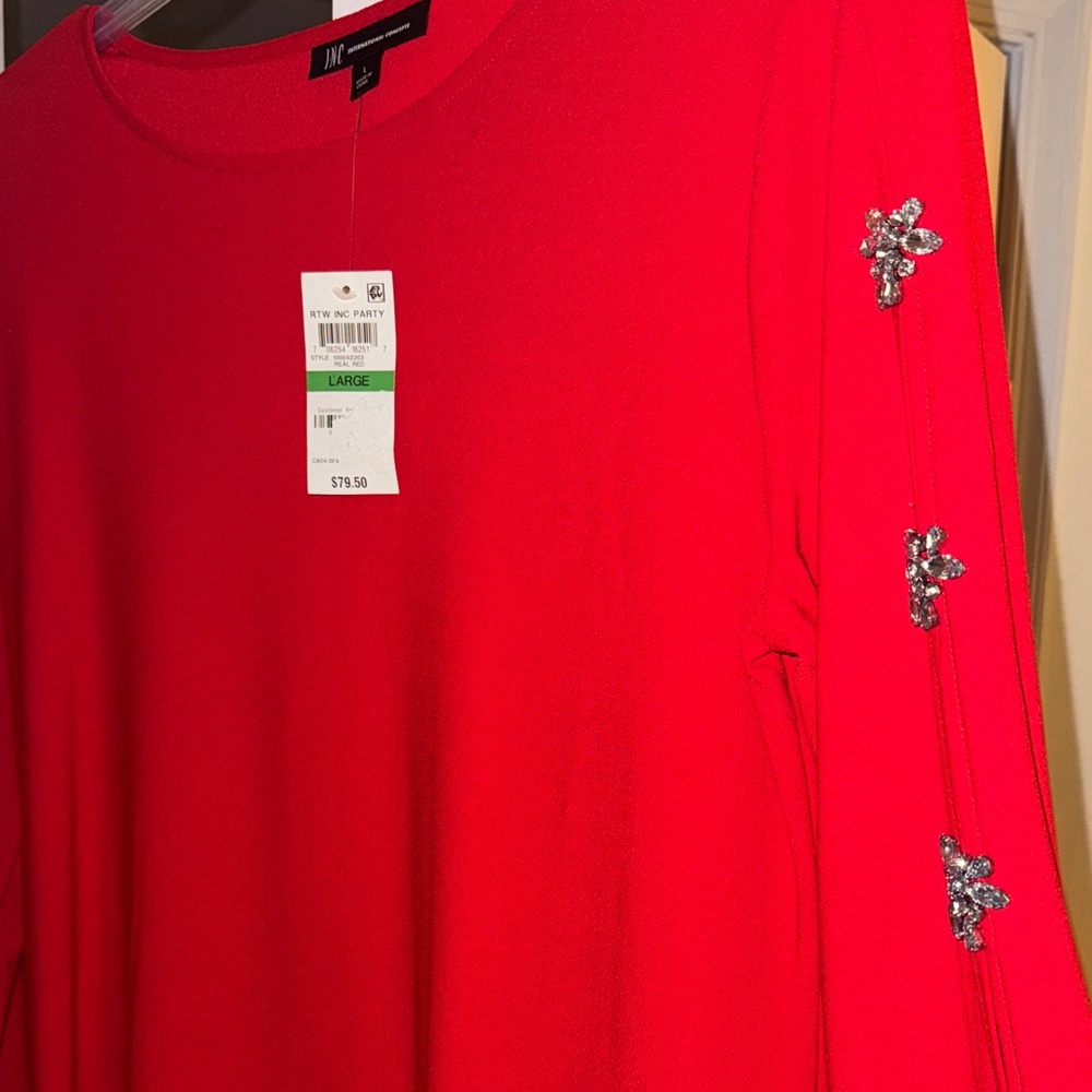 INC International Concepts Vibrant Red Top with embellishments on sleeves